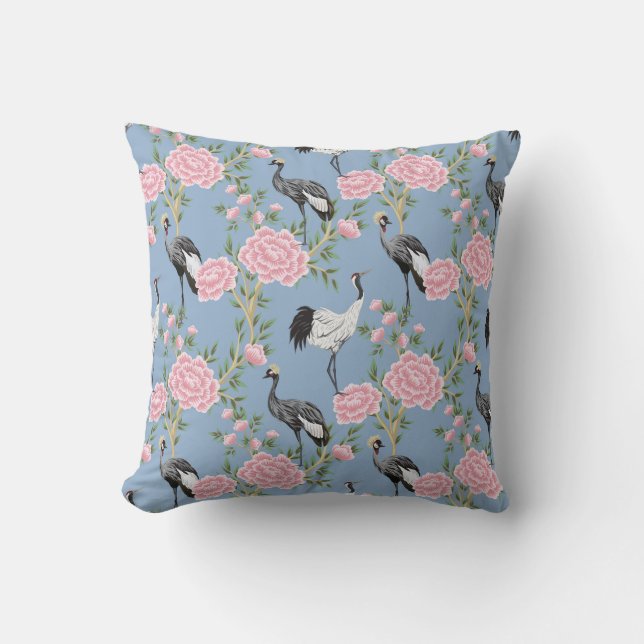 Chinoiserie birds and flowers periwinkle blue cushion (Front)