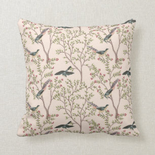 Chinoiserie birds and foliage blush pink cushion