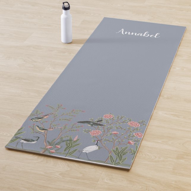 Chinoiserie birds and foliage mid grey yoga mat (In Situ)