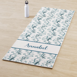 Chinoiserie birds and foliage petrol blue yoga mat