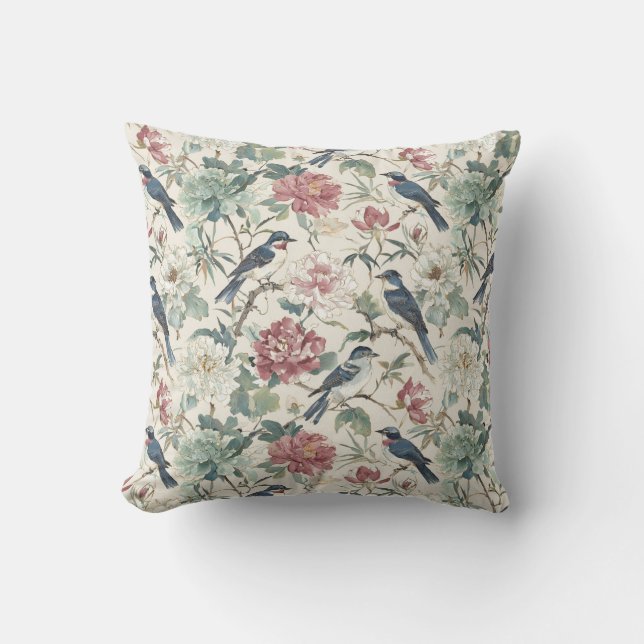 Chinoiserie Birds and Peony Floral Design Cushion (Front)