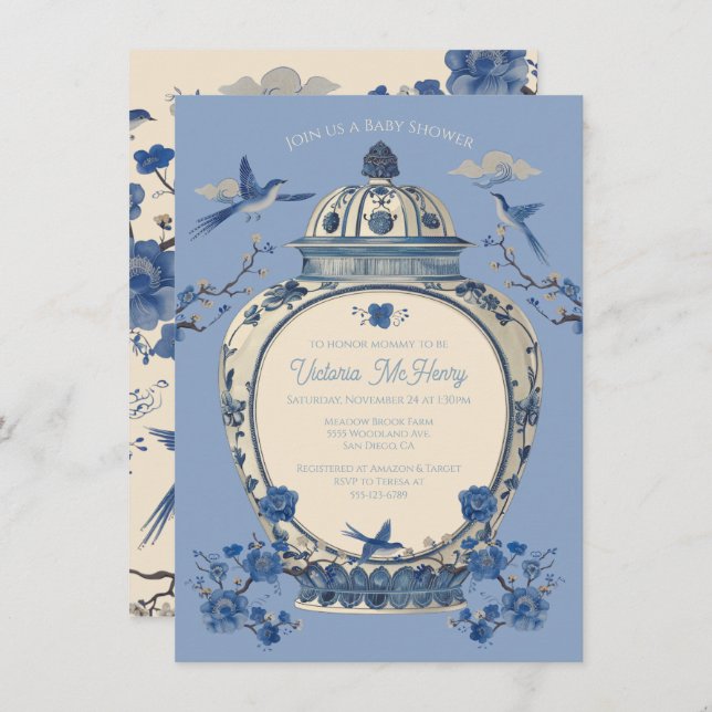 Chinoiserie Birds Floral Jar Baby Shower Invitation (Front/Back)