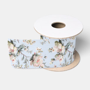 Chinoiserie Blossom and Bird Pale Blue Satin Ribbon