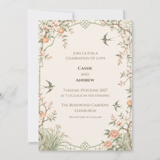 Chinoiserie Blossom Swallow Garden Wedding Invitation (Front)