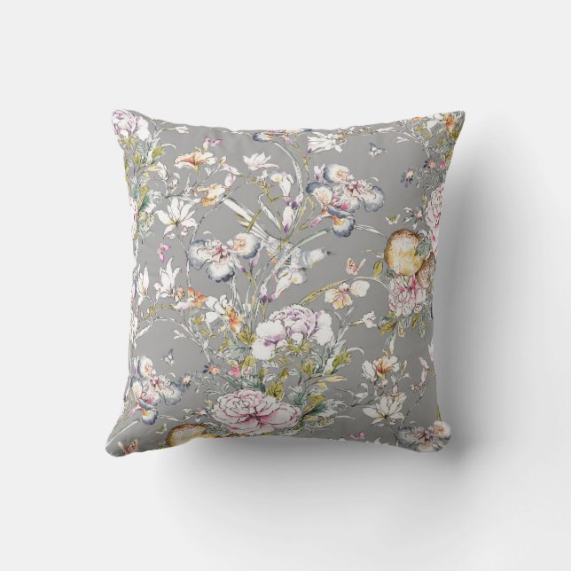 Chinoiserie Blossoms on Grey Background Cushion (Back)