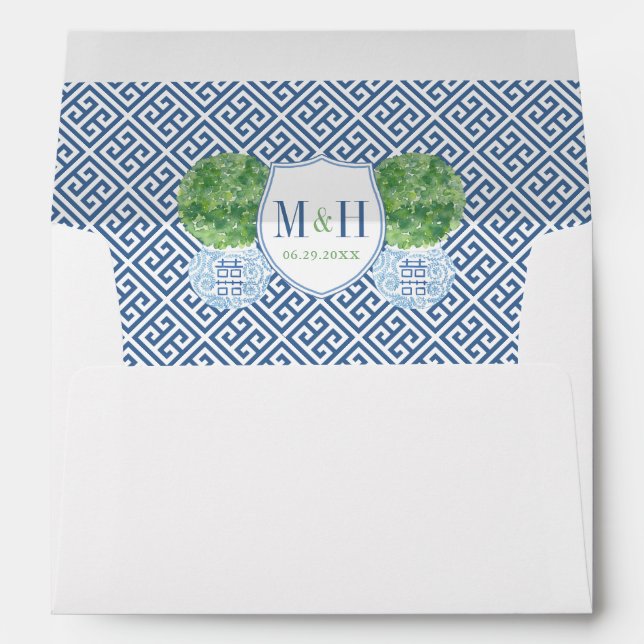 Chinoiserie Blue And Green Wedding Return Address Envelope (Back (Bottom))