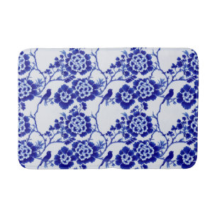Chinoiserie Blue and White Bird Floral Hampton Bath Mat