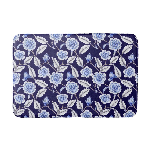 Chinoiserie Blue and White Floral Hampton Willow Bath Mat (Front)