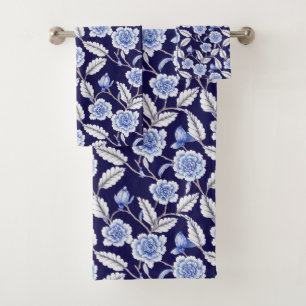 Chinoiserie Blue and White Floral Hampton Willow Bath Towel Set