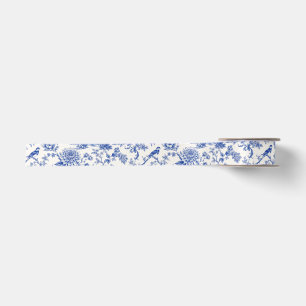 Chinoiserie Blue and White Floral Vintage Pagoda Satin Ribbon