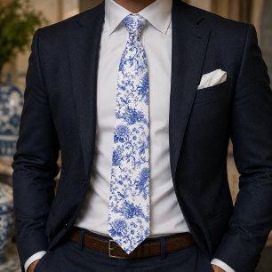 Chinoiserie Blue and White Floral Vintage Pagoda Tie