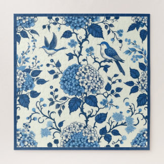 Chinoiserie Blue and White Flowers and Birds Jigsaw Puzzle