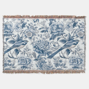 Chinoiserie Blue and White Peonies Flowers Birds Throw Blanket