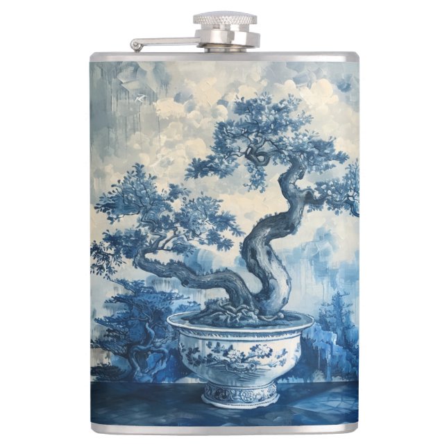 Chinoiserie Blue and White Porcelain Design  Hip Flask (Front)