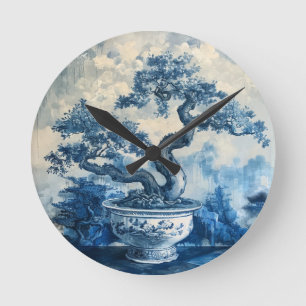 Chinoiserie Blue and White Porcelain Design Round Clock