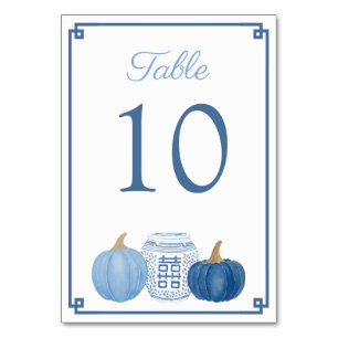 Chinoiserie Blue And White Pumpkins Fall Wedding Table Number