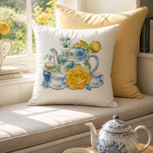 Chinoiserie Blue and White Teapot Roses Tea Party Cushion