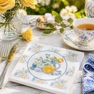 Chinoiserie Blue and White Teapot Roses Tea Party Napkin