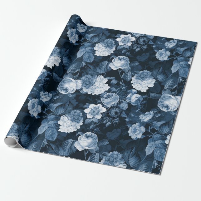 chinoiserie blue antique Redouté roses pattern Wrapping Paper (Unrolled)