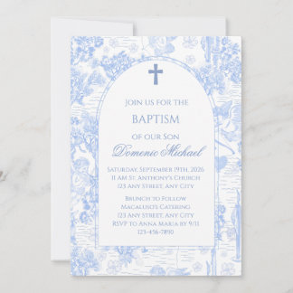 Chinoiserie Blue Baptism Invitation with Cross