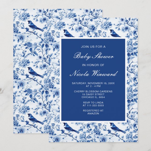 Chinoiserie Blue Birds and Flowers Baby Shower Invitation (Front/Back)