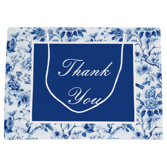 Chinoiserie Blue Birds and Flowers Baby Shower Large Gift Bag (Front)
