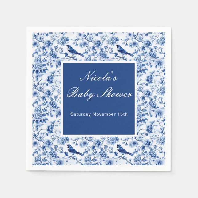 Chinoiserie Blue Birds and Flowers Baby Shower Napkin (Front)