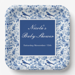 Chinoiserie Blue Birds and Flowers Baby Shower Paper Plate