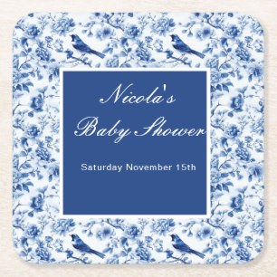 Chinoiserie Blue Birds and Flowers Baby Shower Square Paper Coaster