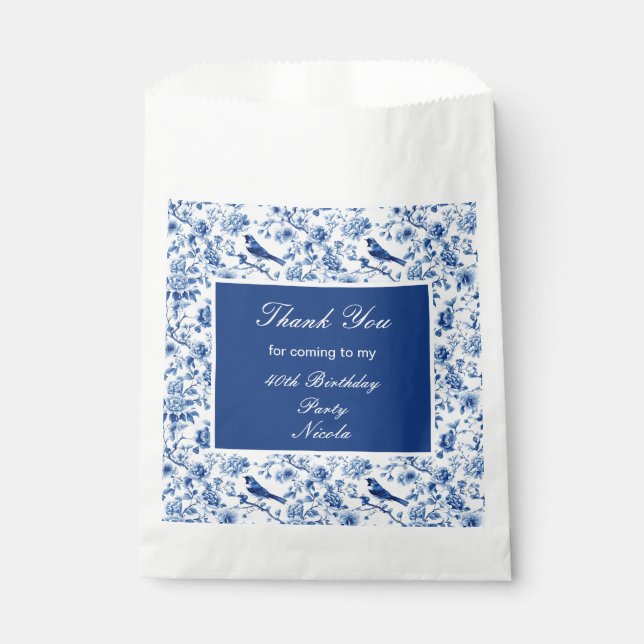 Chinoiserie Blue Birds and Flowers Birthday Favour Bag (Front)