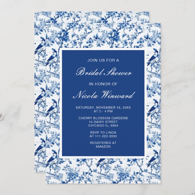 Chinoiserie Blue Birds and Flowers Bridal Shower Invitation (Front/Back)