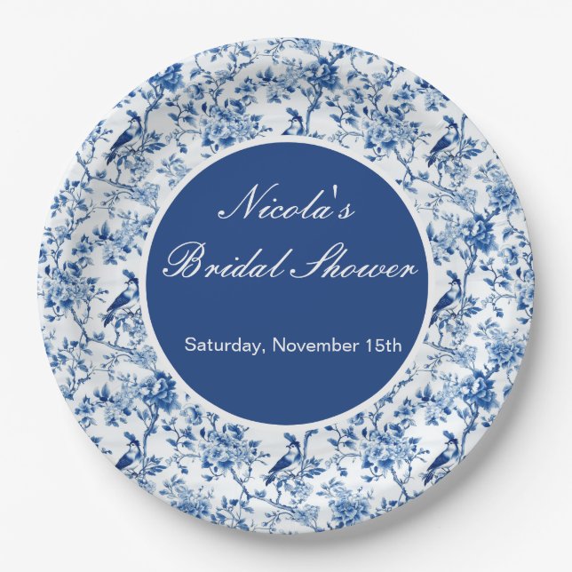 Chinoiserie Blue Birds and Flowers Bridal Shower Paper Plate (Front)