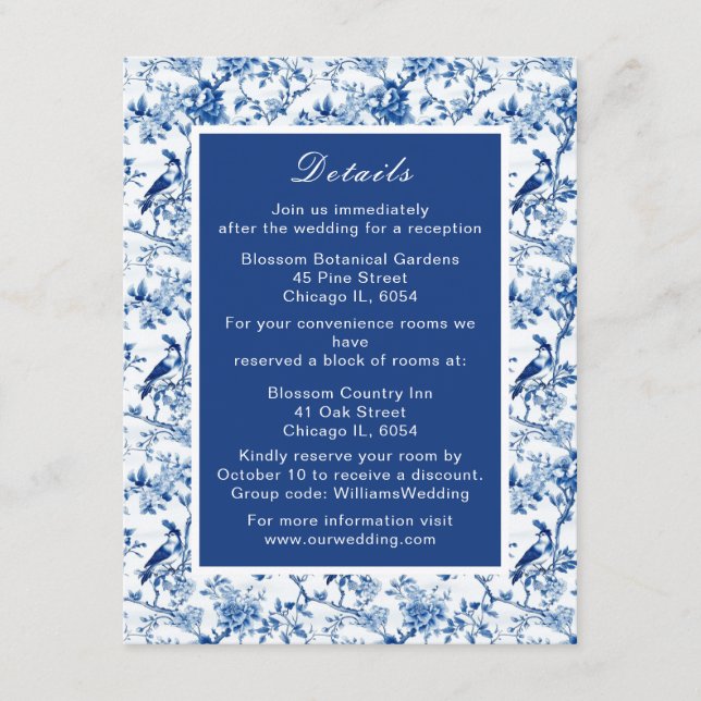 Chinoiserie Blue Birds and Flowers Wedding Enclosure Card (Front)