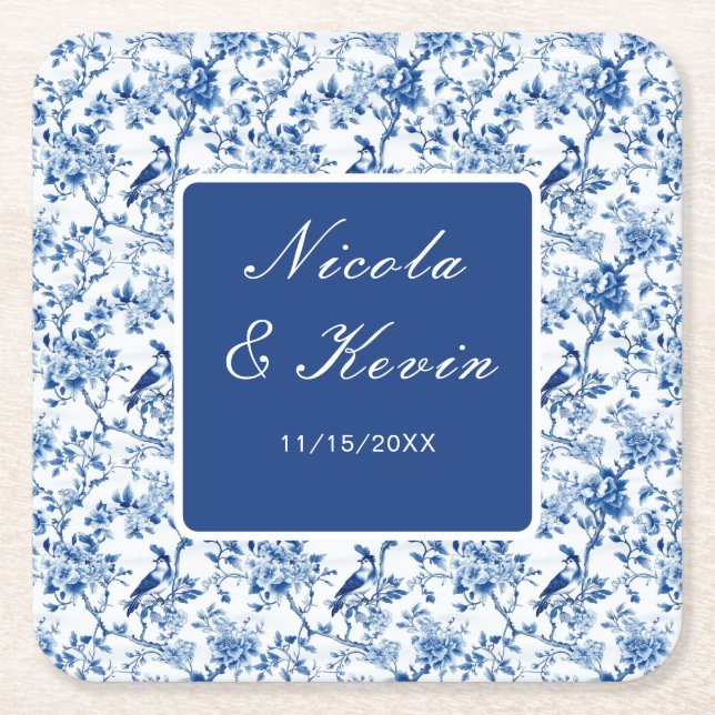 Chinoiserie Blue Birds and Flowers Wedding Square Paper Coaster (Front)
