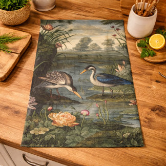 Chinoiserie Blue Crane Antique Botanical Culinary Tea Towel