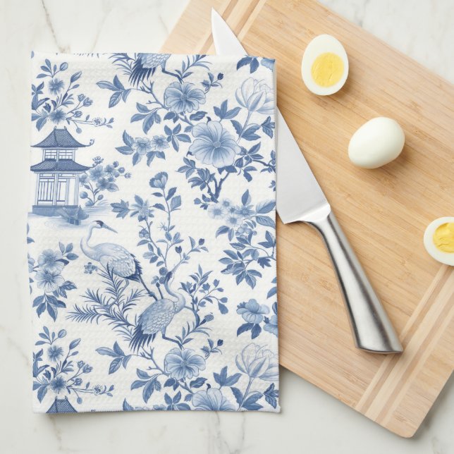 Chinoiserie Blue Crane Tea Towel (Quarter Fold)
