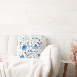Chinoiserie Blue Echinacea Pattern Cushion