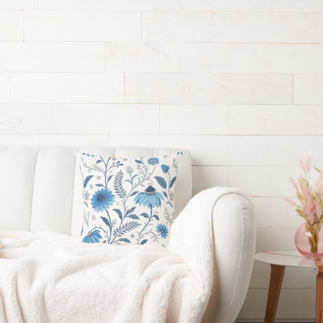 Chinoiserie Blue Echinacea Pattern Cushion (Couch)