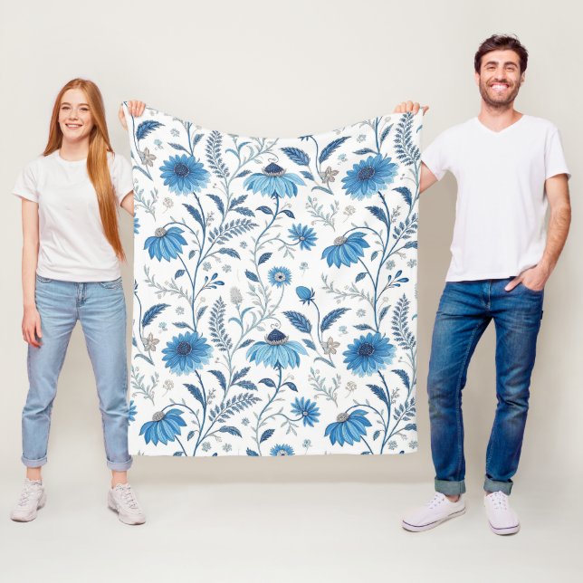 Chinoiserie Blue Echinacea Pattern Fleece Blanket (In Situ)