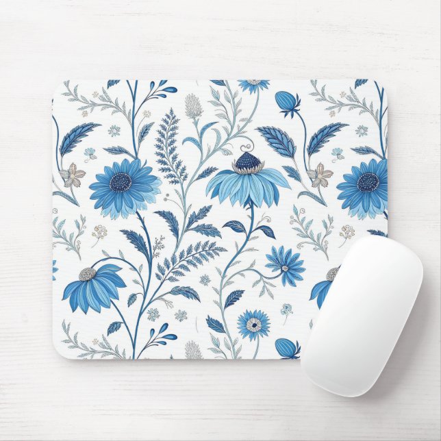 Chinoiserie Blue Echinacea Pattern Mouse Pad (With Mouse)