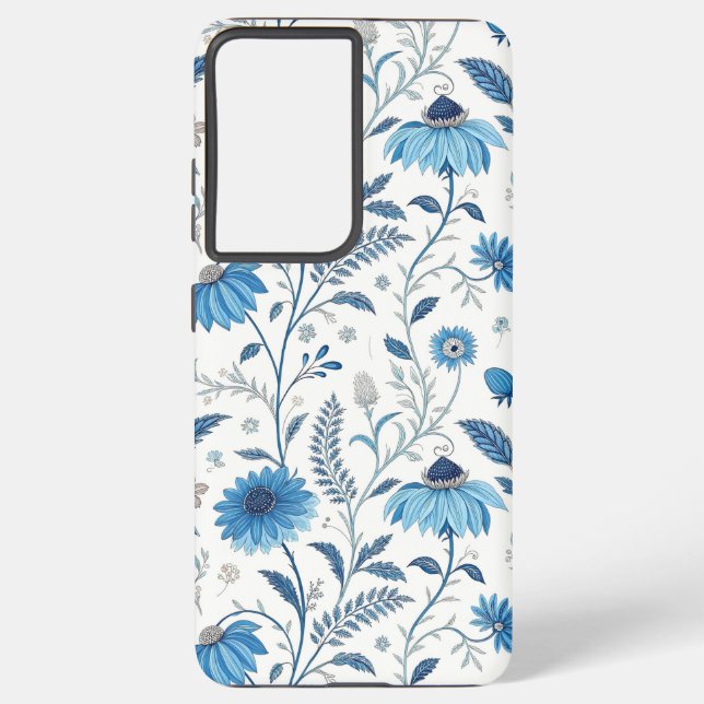 Chinoiserie Blue Echinacea Pattern Samsung Galaxy S21 Ultra Case (Back)