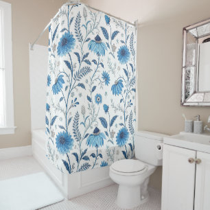 Chinoiserie Blue Echinacea Pattern Shower Curtain