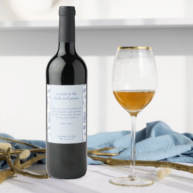 Chinoiserie Blue Elegant Floral Wedding Toast Wine Label (Wine bottle labels from Chinoiserie Wedding Collection by Darling & May)