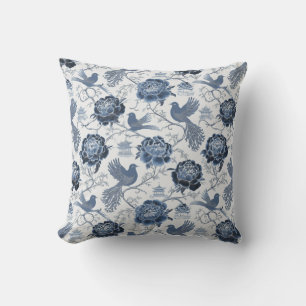 Chinoiserie Blue Floral Birds and Pagoda Design Cushion