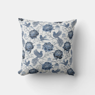 Chinoiserie Blue Floral Birds and Pagoda Design Cushion