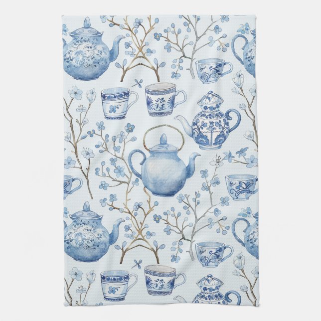 Chinoiserie Blue Floral Bridal Shower Tea Towel (Vertical)