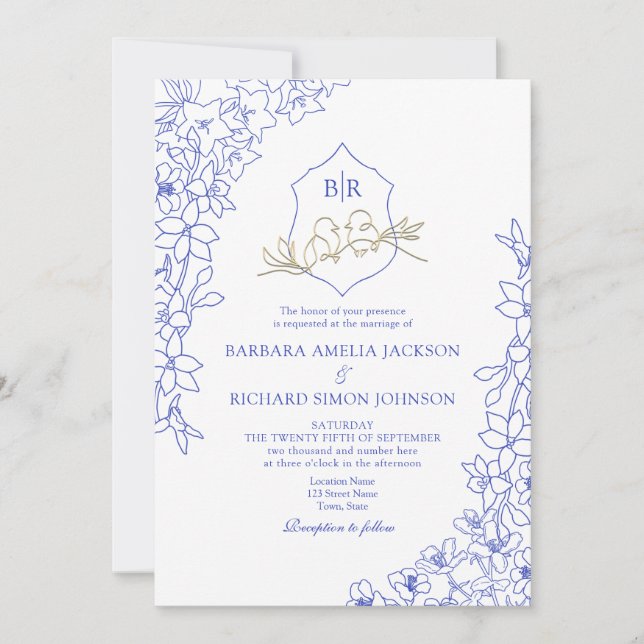Chinoiserie Blue Floral Crest Wedding Invitation (Front)