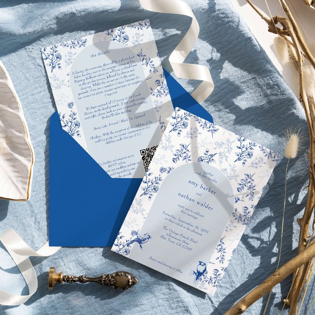 Chinoiserie Blue Floral Details QR Code Wedding Invitation (All in One Blue Floral Wedding Invitation from the Chinoiserie Wedding Collection by Darling & May)
