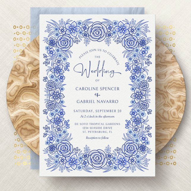 Chinoiserie Blue Floral French Wedding Invitation (Creator Uploaded)