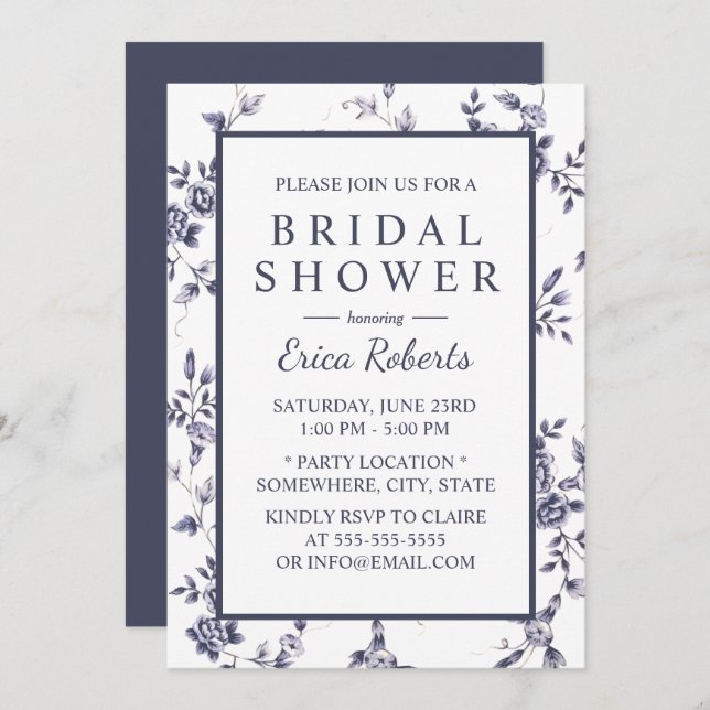 Chinoiserie Blue Floral Vintage Bridal Shower Invitation (Front/Back)